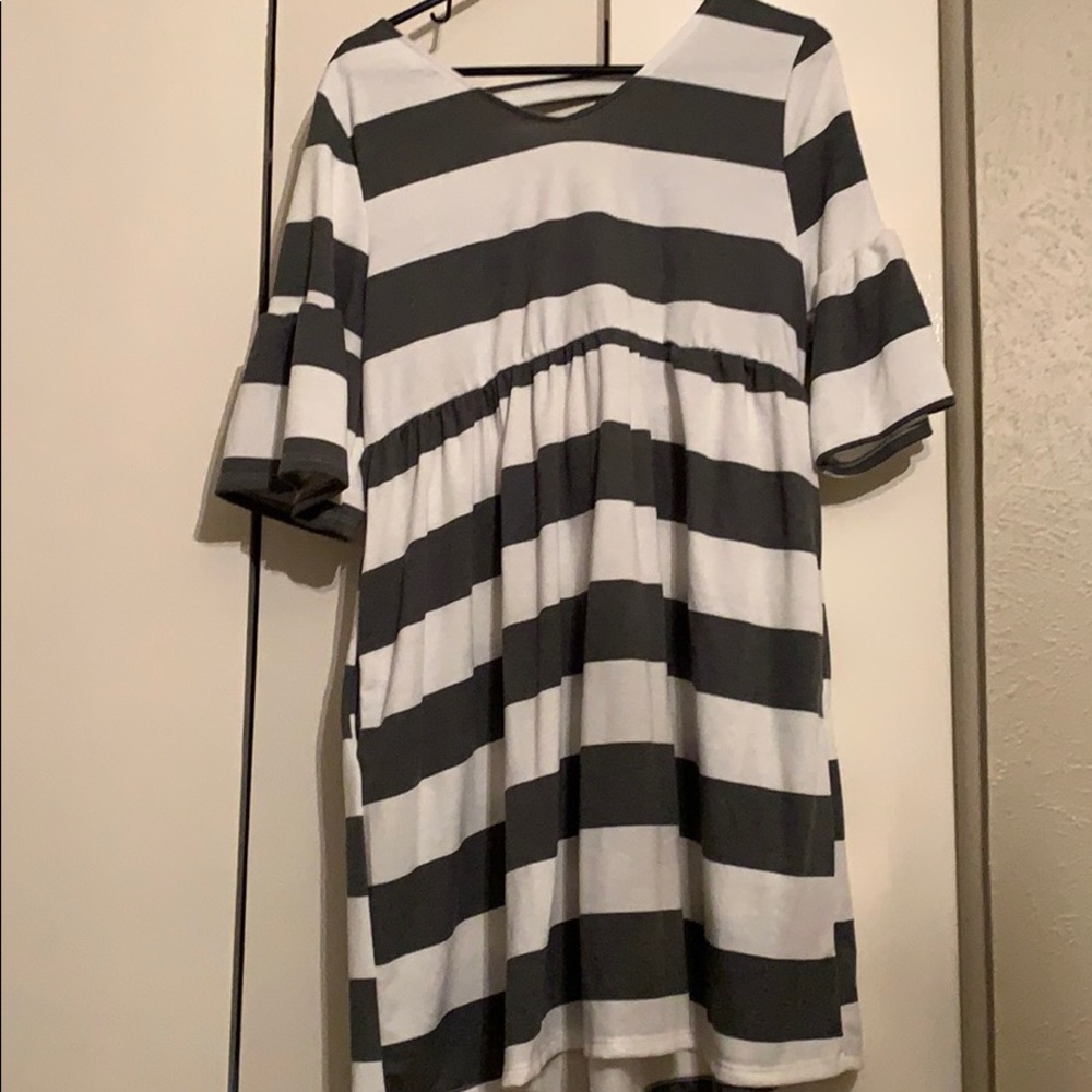 Grey and white striped dress.